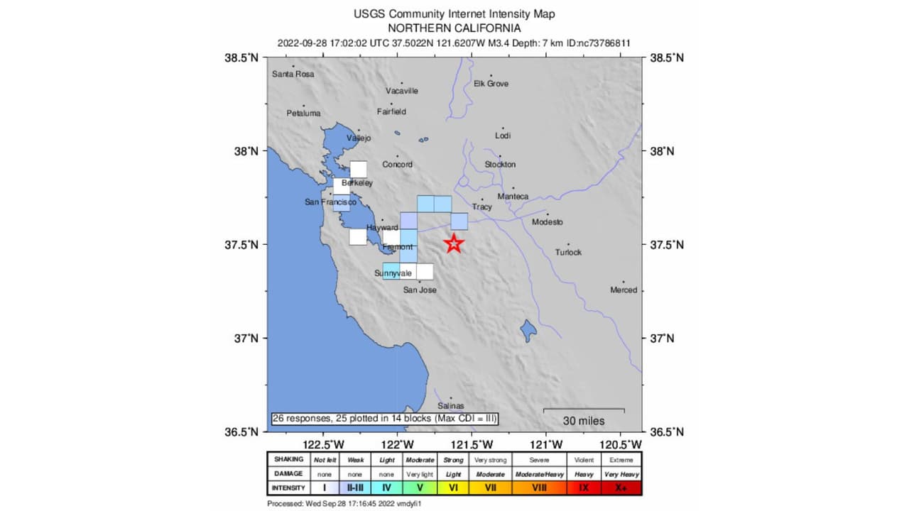 Datos del temblor registrado este miércoles 28 de septiembre del 2022 cerca de Alum Rock.