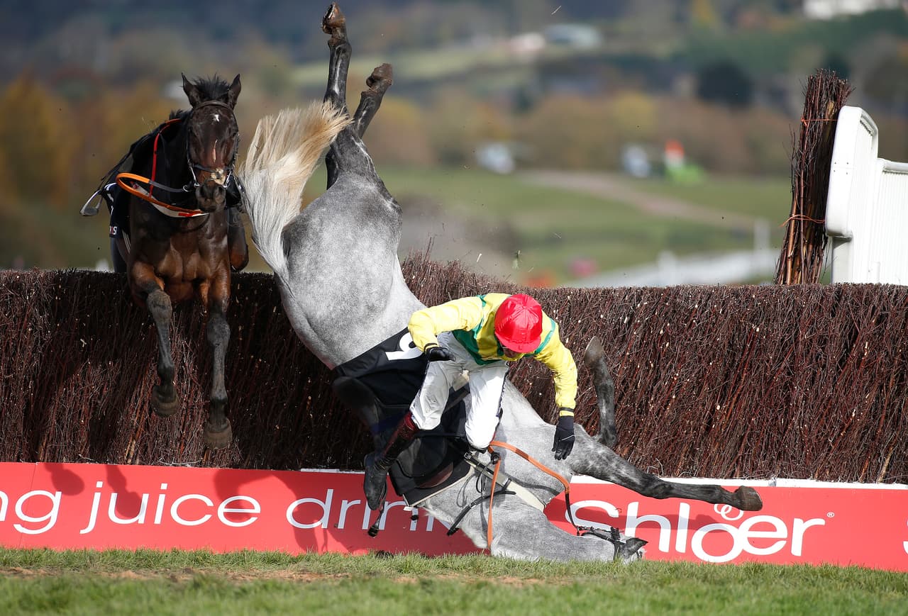 Con el animal en tierra, el jockey trata de caer de maner segura para evitarse alguna lesión y de paso un choque con su caballo.