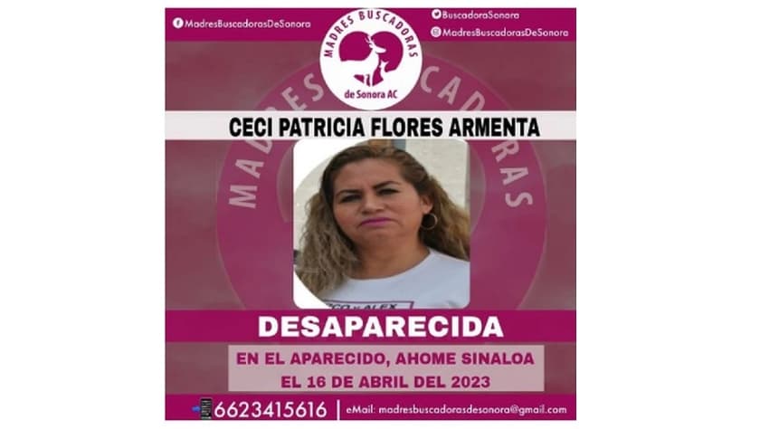 Imagen que compartió el colectivo de Madres Buscadoras de Sonora el domingo 16 de abril de 2023 para reportar la desaparición de su fundadora, Cecilia Flores, quien fue hallada con bien unas horas más tarde en Sinaloa.