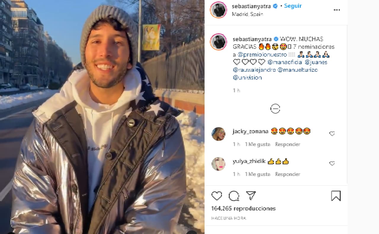 <b>Así como Sebastián Yatra, quien compartió este video donde dijo estar muy agradecido </b>por sus siete nominaciones y por competir al lado de Juanes, Rauw Alejandro y Manuel Turizo.