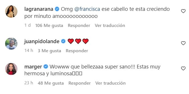 “¡OMG! Francisca, ese cabello te está creciendo por minuto, amo”, comentó Arana Lemus, exparticipante de Nuestra Belleza Latina.
<br>