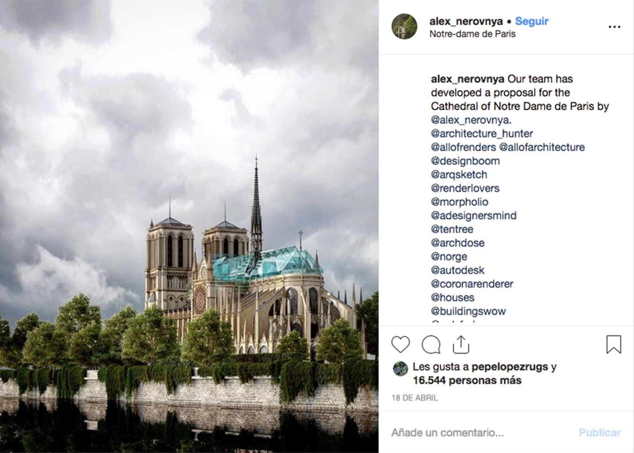 <b>Un nuevo techo de cristal alrededor de la aguja con su diseño original gótico</b>, la propuesta del arquitecto ruso 
<a href="https://www.instagram.com/p/BwZixDMlLPb/?utm_source=ig_web_copy_link" target="_blank">Alexander Nerovnya. </a>