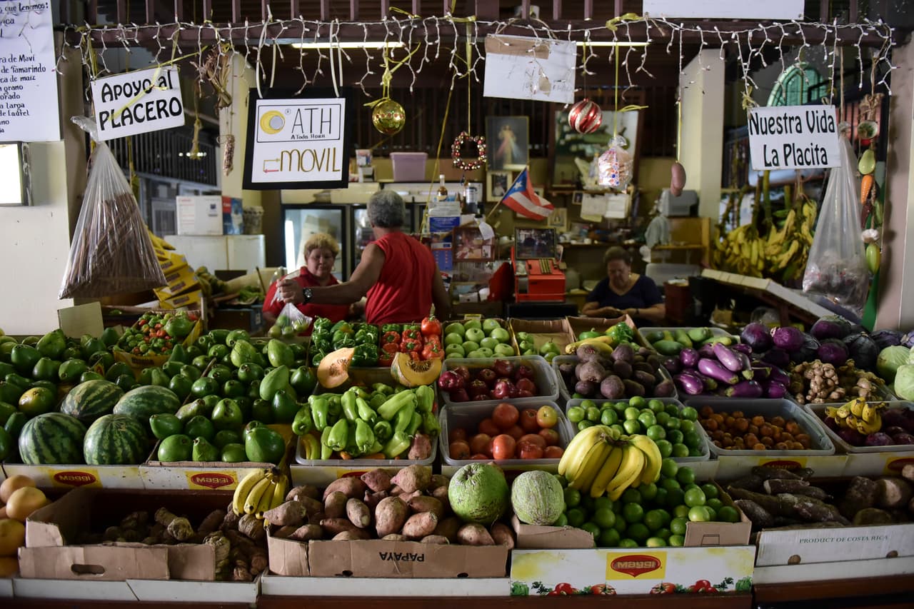 A produce stand at La Placita de Santurce farmers' market sells mostly locally grown produce in San Juan, Puerto Rico.