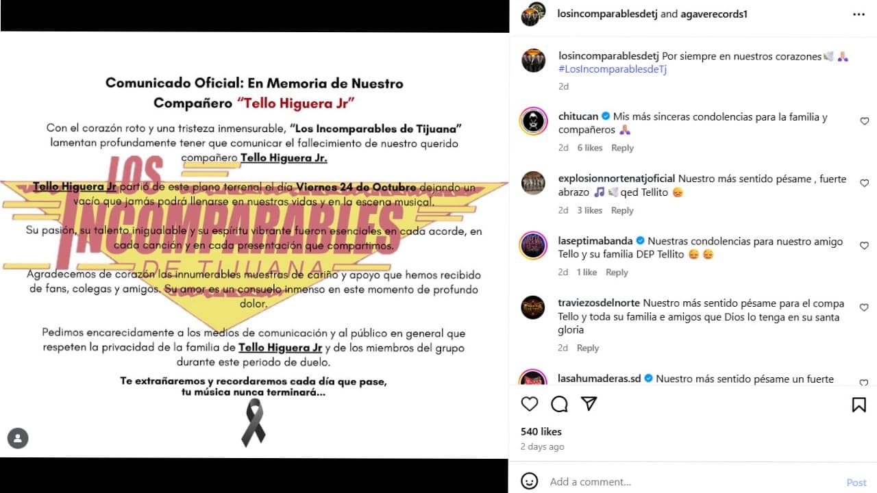 Los Incomparables de Tijuana emiten comunicado sobre la muerte de Tello Higuera Jr.