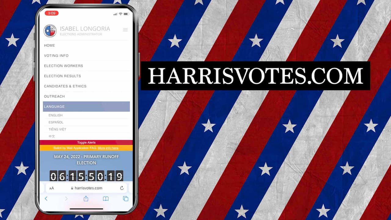 Por ejemplo, para ver los candidatos del condado Harris, consultamos HarrisVotes.com y le damos en la parte de arriba de lado derecho para cambiar el lenguaje al español.