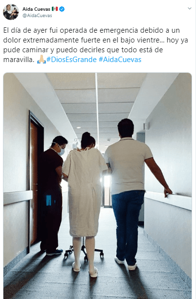 "El día de ayer fui operada de emergencia debido a un dolor extremadamente fuerte en el bajo vientre... hoy ya pude caminar y puedo decirles que todo está de maravilla", comentó al día siguiente de su intervención.