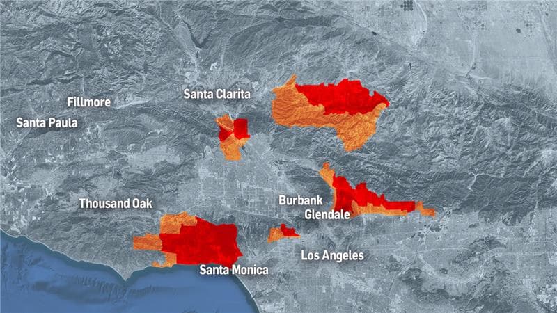 Mapa de incendios activos en Los Ángeles.