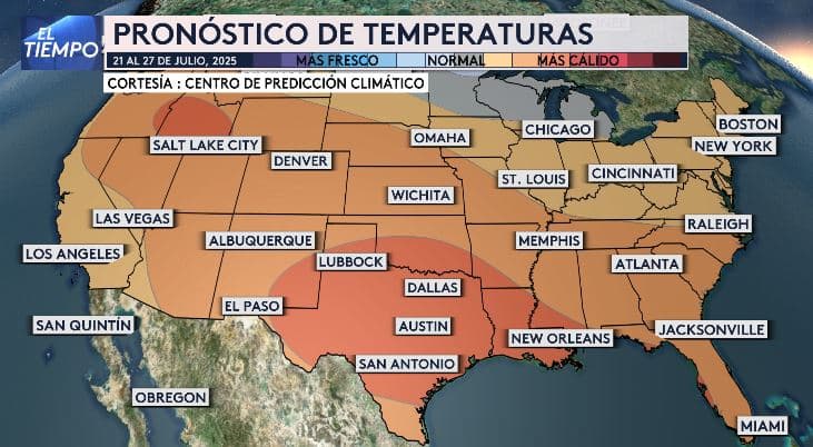 <h3 class="cms-H3-H3">🗺️ ¿Quiénes sufrirán más calor la próxima semana? </h3>
<br>Del 21 al 27 de julio, el centro-sur de Estados Unidos, incluido Texas,
<b>estará bajo un patrón de calor más intenso de lo normal</b>, según el Centro de Predicción Climática.
<br>🔴 Dallas, Austin, San Antonio y Lubbock están en la zona más caliente del país para ese período.
<br>☀️ También partes de Nuevo México, Luisiana y el sur de Oklahoma sentirán temperaturas por arriba del promedio.
<br>
<b>💡 Este tipo de calor prolongado puede afectar la salud y el suministro eléctrico. Toma precauciones y mantente informado</b>.