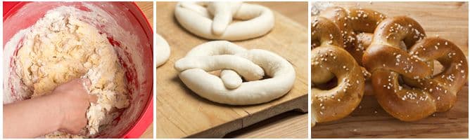 <b>Mezcla con la harina.</b> Añade revolviendo el resto del agua, según sea necesario, hasta formar una masa dura y pegajosa. Vuelca la masa sobre una superficie ligeramente enharinada. 
<b>Amasa 10 minutos</b>, hasta que la masa quede homogénea y elástica. Pon la masa en un recipiente y tapa con un paño de cocina. 
<b>Deja fermentar de una hora y media a dos horas</b>, hasta que doble su tamaño. Deshincha y deja reposar durante 10 minutos más.