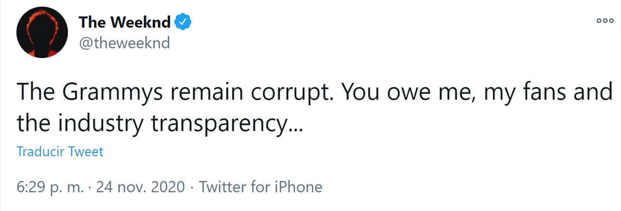 El cantante publicó un mensaje en sus redes sociales donde llamó "corrupta" a la Academia: "Los GRAMMY permanecen corruptos. Te debes a mí, a mis fans y a la industria, transparencia", escribió.
<br>