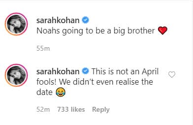 Minutos después de compartir que 
<b><a href="https://www.univision.com/famosos/con-el-amanecer-del-dia-del-padre-nacio-noah-el-primer-hijo-de-chicharito-y-sarah-kohan-fotos" target="_blank">el pequeño Noah, su primogénito</a></b>, tendría un hermanito, escribió: "¡Esta no es una broma del Día de los inocentes! No nos dimos cuenta de la fecha".