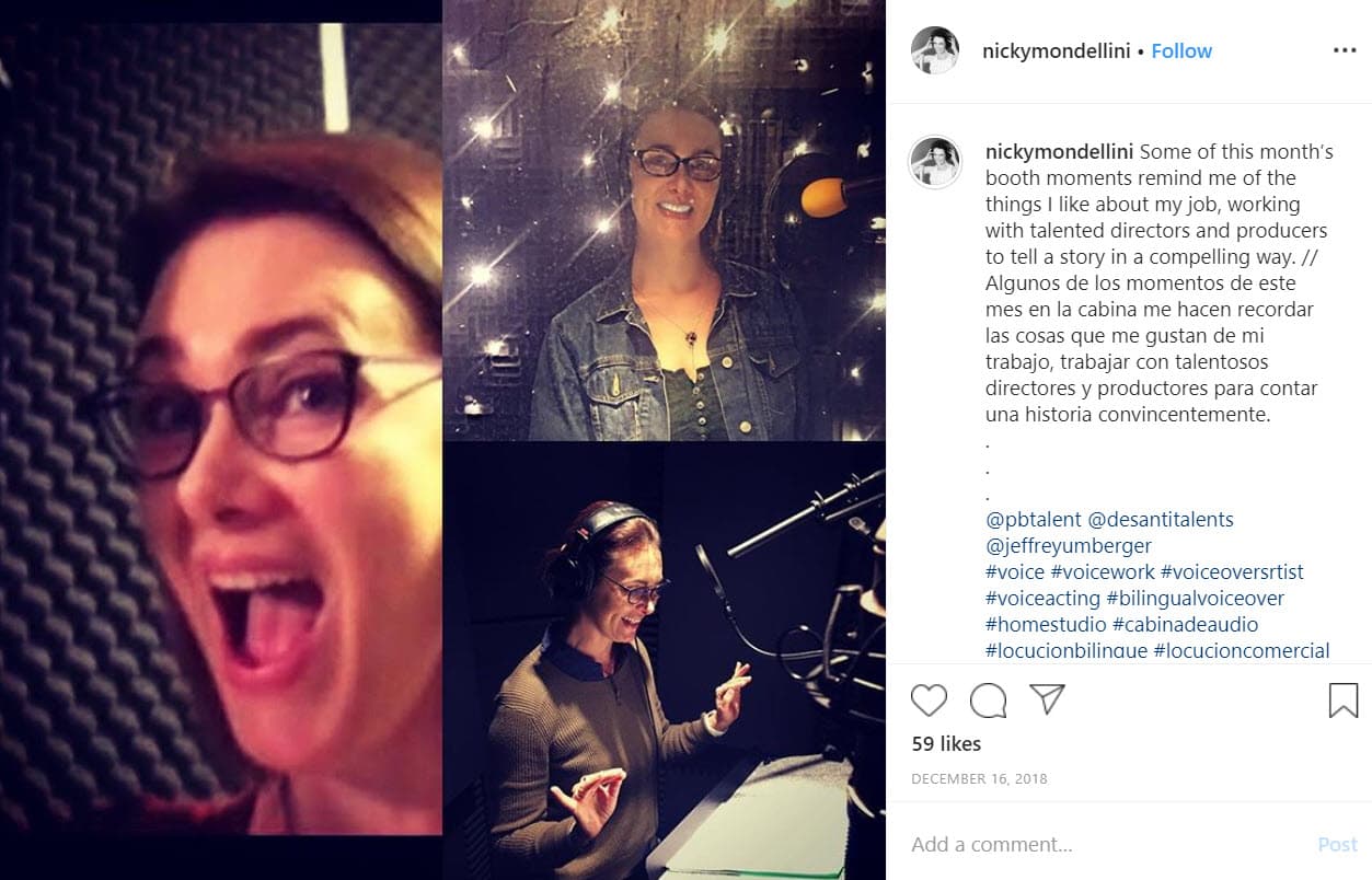 Actualmente Mondellini es locutora y actriz de doblaje.
<br>