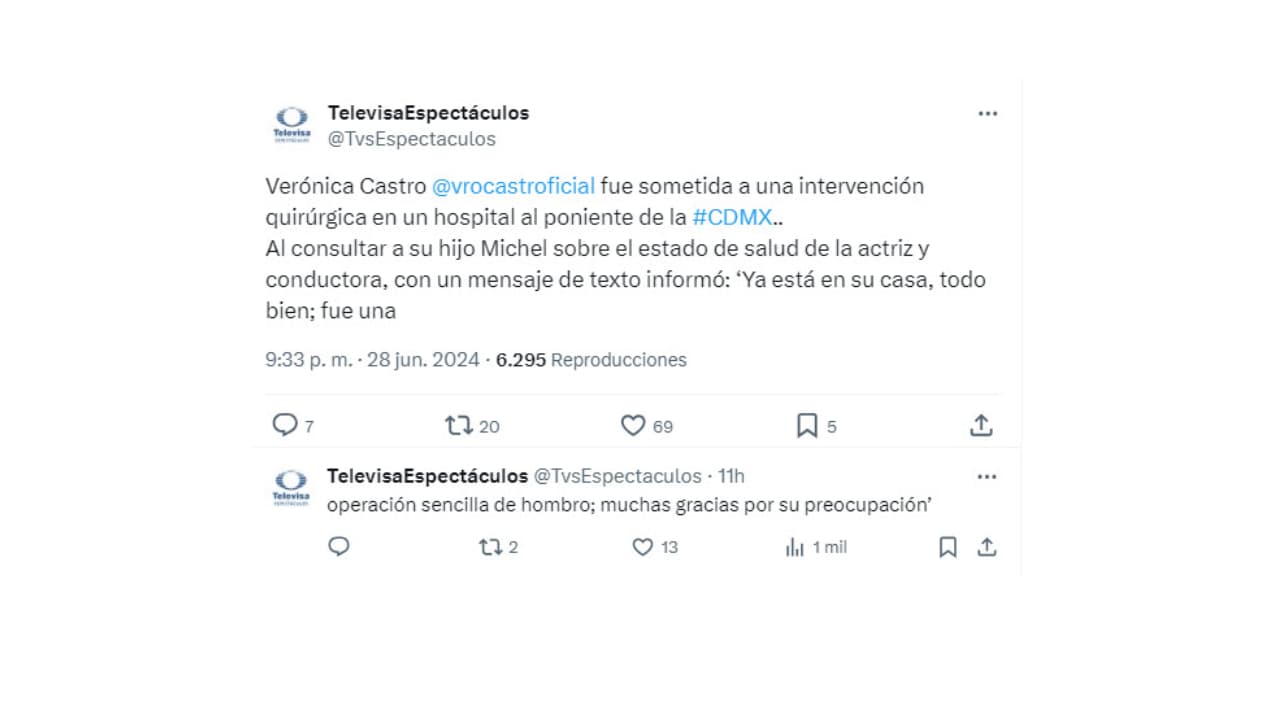 Televisa Espectáculos informa sobre la salud de Verónica Castro.