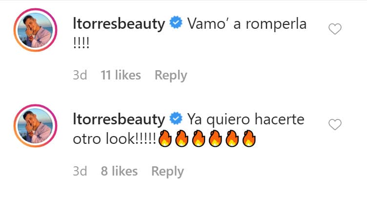 El maquillista Luis Torres no pudo ocultar sus deseos de volverla a tener como modelo: 
<b>"¡Ya quiero hacerte otro look!"</b>, escribió en la publicación.
<b> </b>
<br>