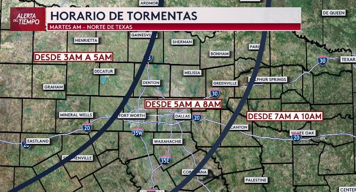 A partir de las 3 de la mañana, los primeros efectos de este sistema de tormentas comenzarán a sentirse en el noroeste de nuestra región, 
<b>afectando áreas como Decatur y Mineral Wells</b>. Desde las 5 de la mañana, 
<b>se extenderán al Metroplex</b>, y para después de las 7 de la mañana,
<b> se desplazarán hacia el este.</b>