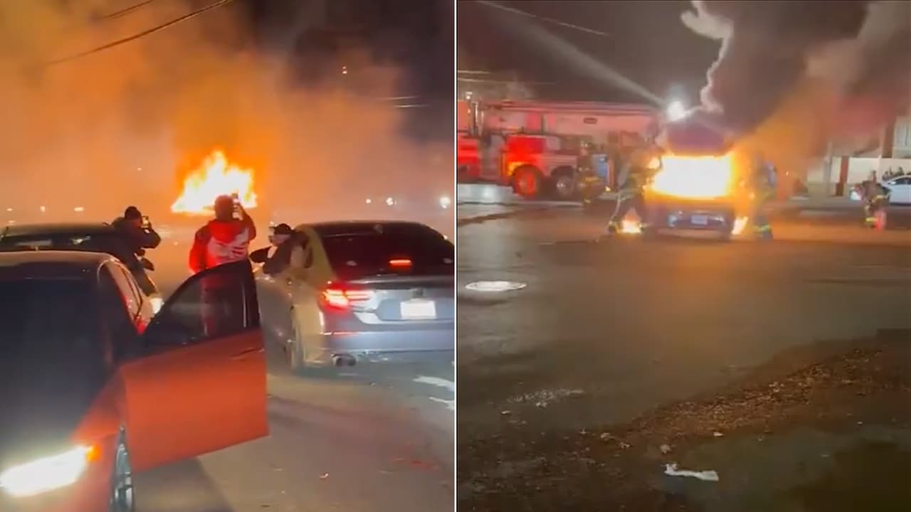 Caos en Queens: toma ilegal de calles termina con agresiones y un auto incendiado.