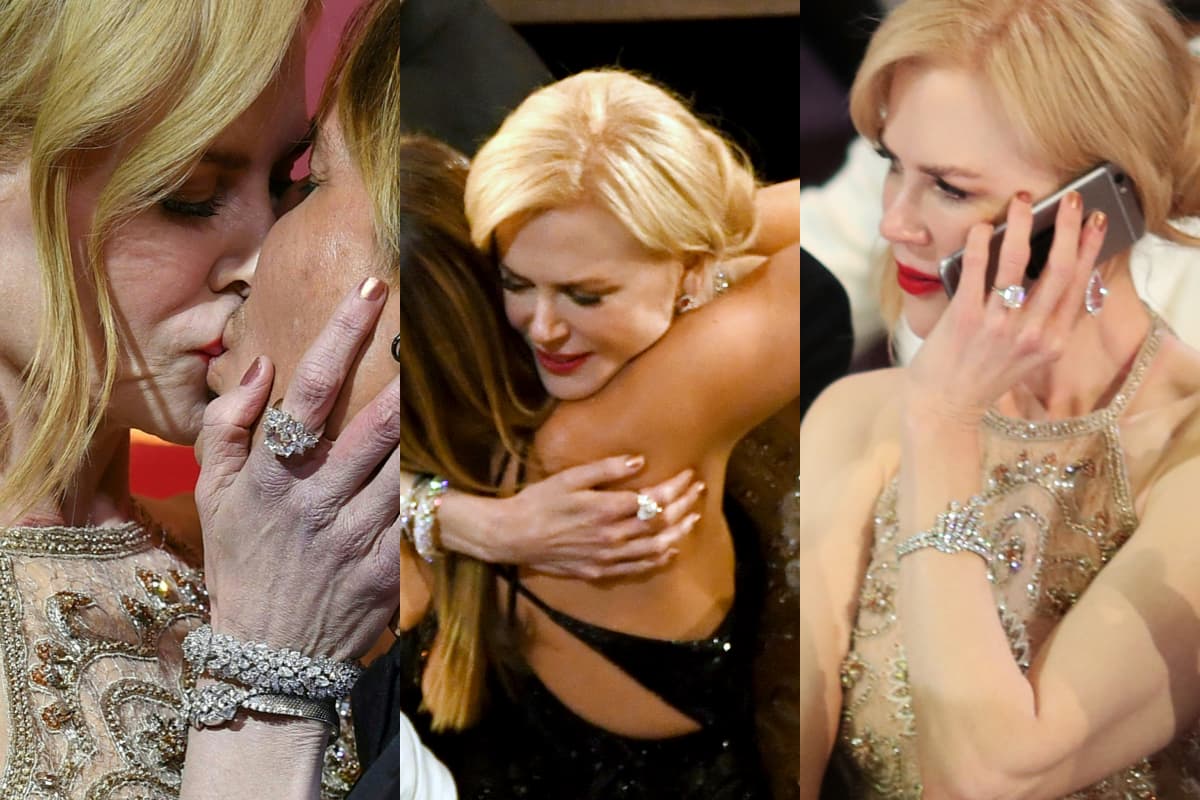 En estas imágenes se ve con claridad que Nicole Kidman tenía dos anillos enormes, uno en cada mano. Si aplaudía con los dedos, se iba a golpear.