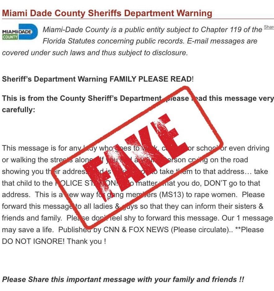 La Policía de Miami alerta sobre una falsa advertencia en torno a una supuesta “nueva modalidad” de la MS-13 para violar a mujeres