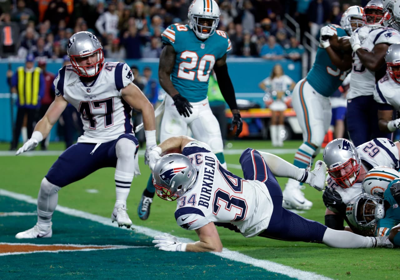 New England Patriots running back Rex Burkhead (34) scores a touchdown as tight end Jacob Hollister (47) and Miami Dolphins free safety Reshad Jones (20) look on, during the first half of an NFL football game, Monday, Dec. 11, 2017, in Miami Gardens, Fla. (AP Photo/Lynne Sladky)