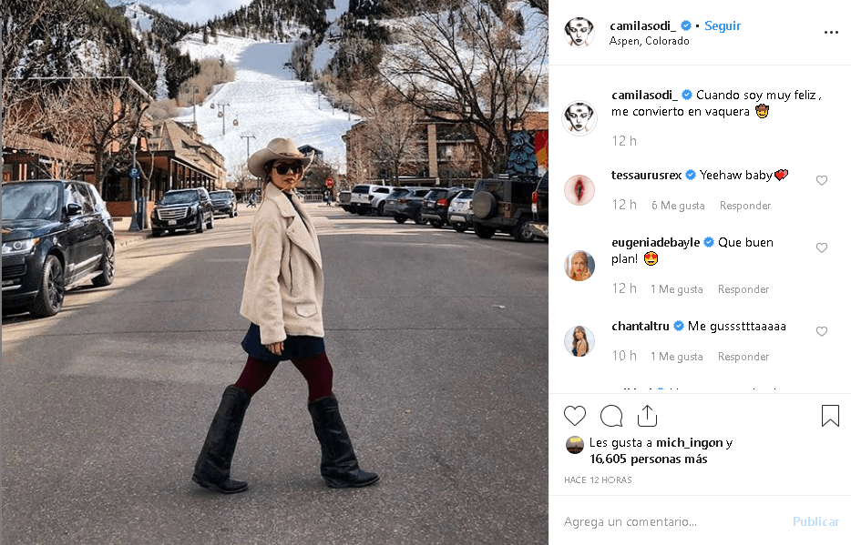 En 
<a href="https://www.instagram.com/camilasodi_/" target="_blank">su cuenta de Instagram</a>, la sobrina de Thalía presumió sus vacaciones en la nieve. “Cuando soy muy feliz, me convierto en vaquera”, escribió en una de sus publicaciones.