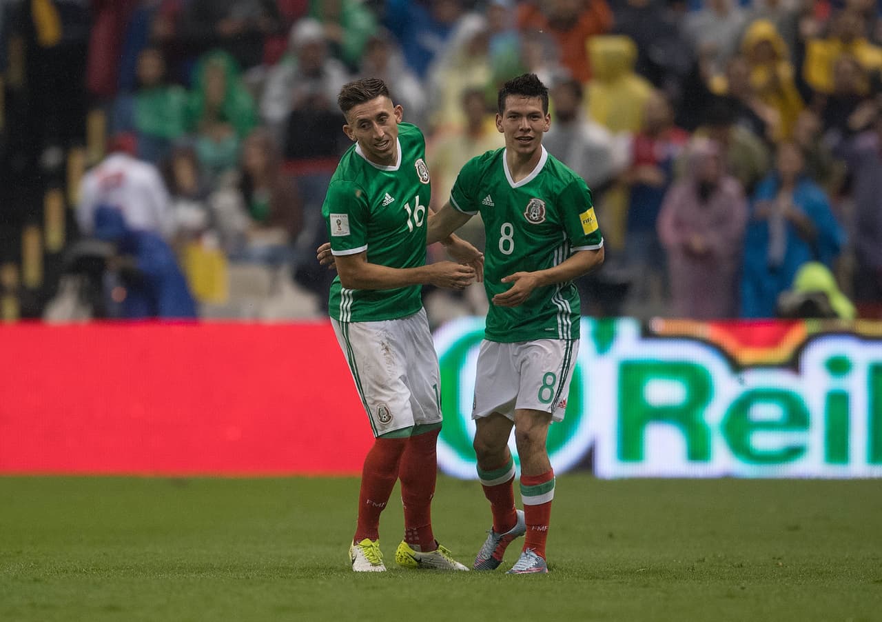 Action photo during the match Mexico vs Panama corresponding to the Eliminations to the World Cup Russia 2018, in the Azteca Stadium. Foto durante el partido Mexico vs Panama correspondiente a las Eliminatorias Rumbo al Mundial Rusia 2018, en el Estadio Azteca, en la foto: HIrving Lozano celebra su gol de Mexico con Hector Herrera 01/09/2017/MEXSPORT/David Leah.
