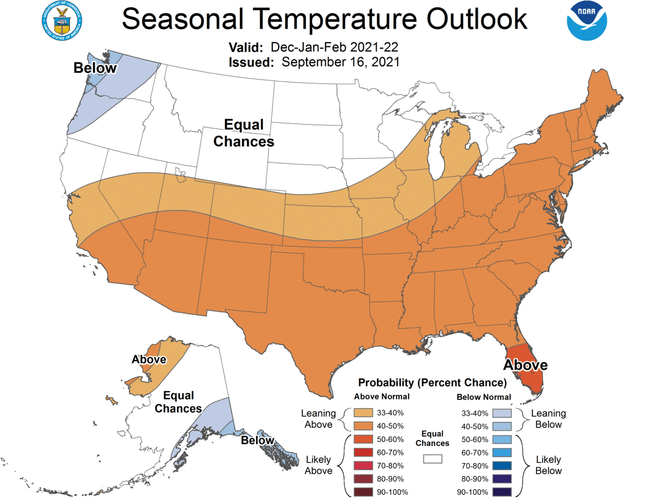 Unprecedented warmth in December, with some places 40°F warmer than average. The NOAA winter forecast predicts above normal temperatures for most of the United States, and especially southern and eastern parts of the country.