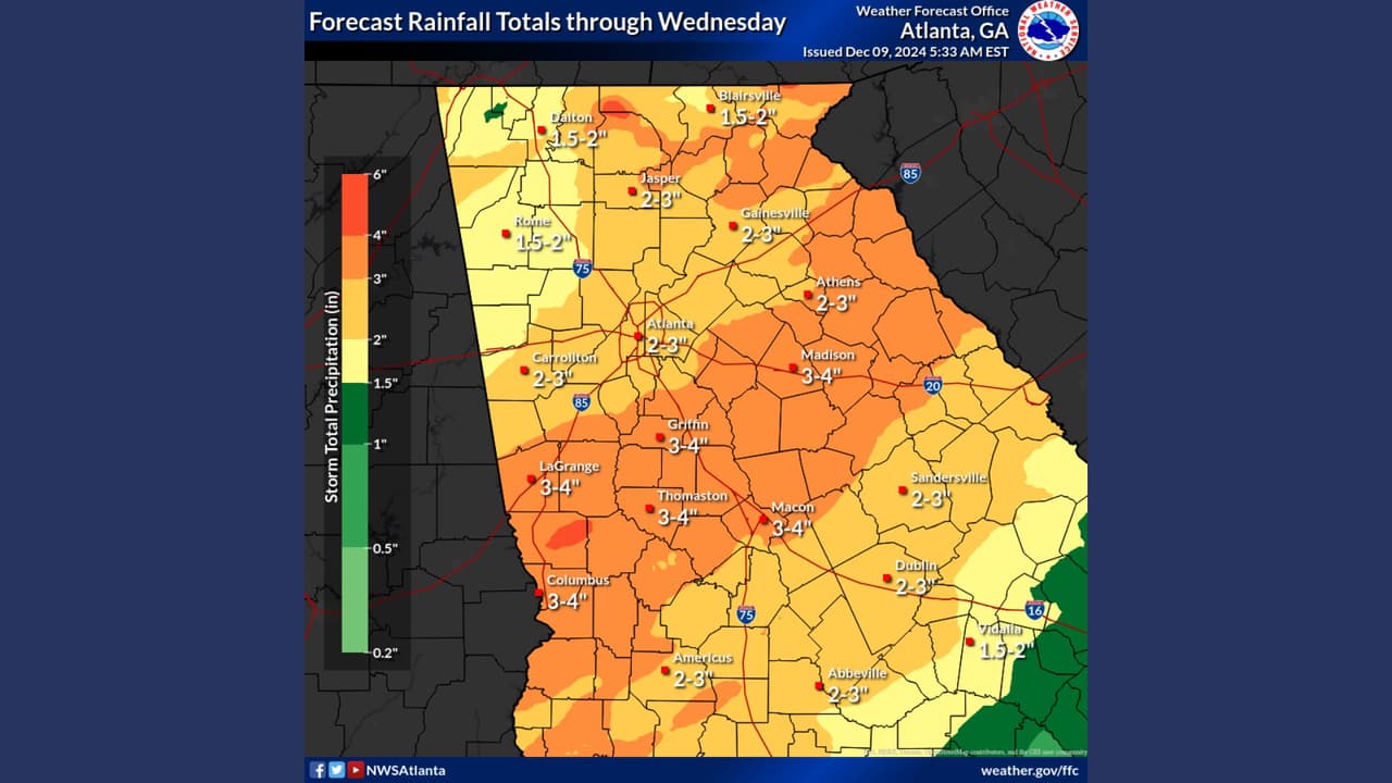 Este mapa muestra la cantidad de lluvia que se espera del lunes 9 de diciembre al miércoles 11 de diciembre.