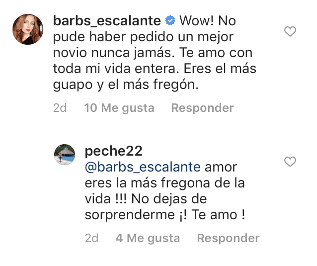 Además, publicó la misma fotografía con la que ella anunció su relación y Bárbara le comentó que "no pudo haber pedido un mejor novio".