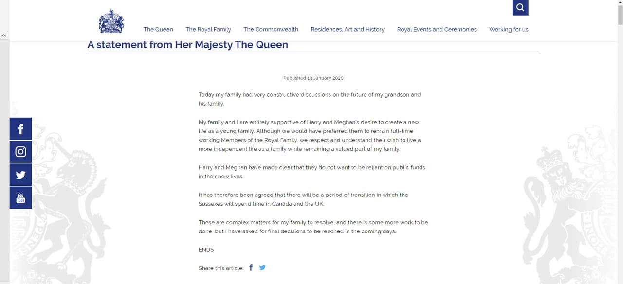 El pasado lunes la reina Isabel II anunció, a través del 
<a href="https://www.royal.uk/statement-her-majesty-queen" target="_blank">sitio oficial</a> de la familia real británica, que 
<a href="https://www.univision.com/famosos/la-reina-isabel-da-su-bendicion-a-los-planes-de-independencia-del-principe-harry-y-meghan-markle-fotos"><b>viven un período de "transición"</b></a>, al aceptar la decisión del príncipe Harry y Meghan Markle de apartarse como miembros de alto rango de la monarquía en búsqueda de su independencia financiera, por lo que ahora vivirán entre Norteamérica y el Reino Unido.
<br>