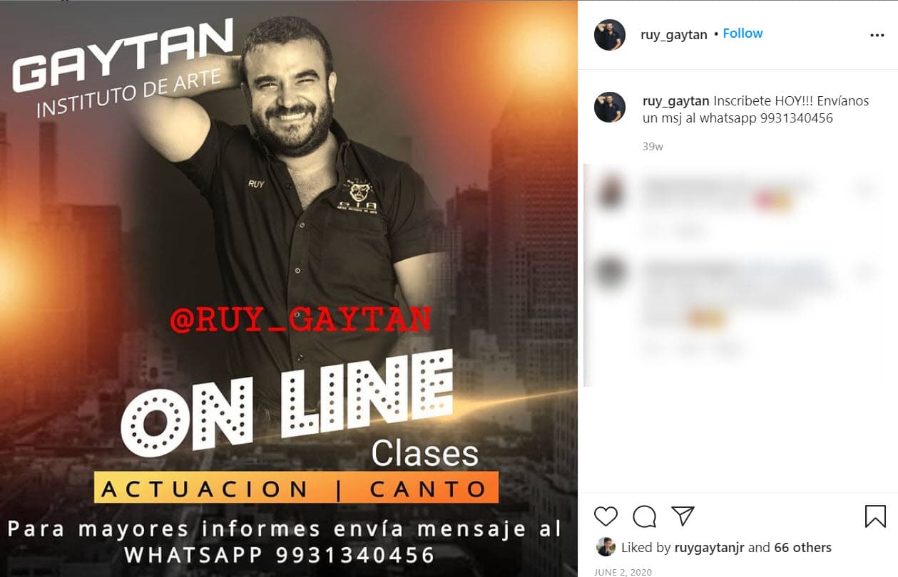 <b>Ruy Gaytán</b> es el director del Instituto de Arte Gaytán, lugar que imparte clases de canto y actuación. Además, hacen castings para obras musicales.
<br>