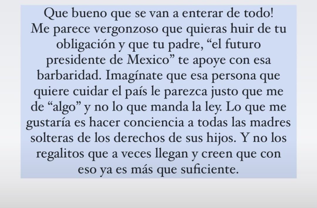 "Qué bueno que se van a enterar de todo, me parece vergonzoso que quieras huir de tu obligación y que tu padre, 'el futuro presidente de México' te apoye con esa barbaridad”, se lee en el inicio de su mensaje.