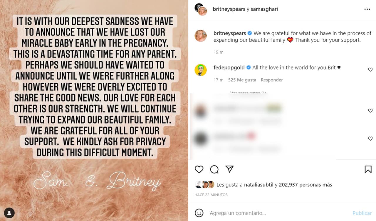 Britney Spears y Sam Asghari informan que perdieron el bebé que esperaban.