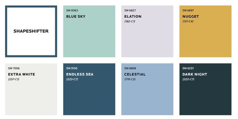 A decir por la página de Sherwin Williams estos son los colores que componen la paleta de colores Shapeshifter, que integra azules en diversas tonalidades y un amarillo nugget que serán los que regirán las tendencias de decoración de interiores.