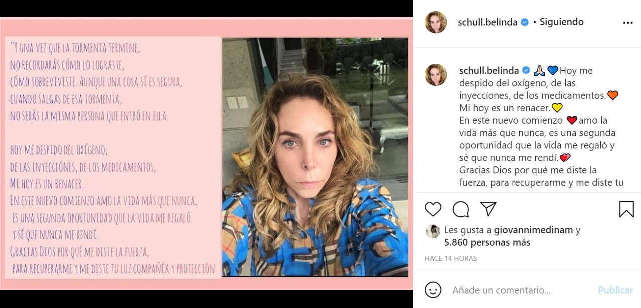 Lo hizo para anunciar que se 
<b><a href="https://www.instagram.com/p/CTIxseaLCIP/" target="_blank">"despedía del oxígeno, de las inyecciones, de los medicamentos"</a></b>. El pasado 17 de agosto, una fuente allegada a la artista confirmó a El Universal que tanto su madre como su padre, don Ignacio Peregrín, 
<b><a href="https://www.univision.com/famosos/belinda-mama-papa-tienen-covid-19-christian-nodal-fotos" target="_blank">fueron contagiados de covid-19</a></b>. Al parecer, ninguno tuvo algún cuadro grave. 
<br>