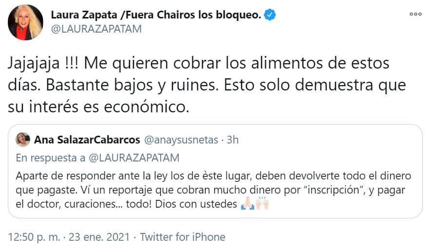 "¡Ja, ja, ja, ja! Me quieren cobrar los alimentos de estos días. Bastante bajos y ruines. 
<b>Esto solo demuestra que su interés es económico</b>", escribió en Twitter.
<br>