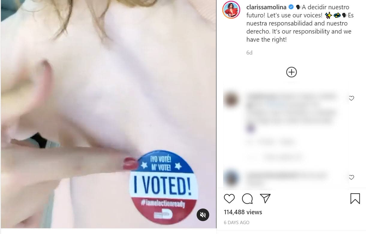 <b><a href="https://www.univision.com/famosos/a-clarissa-molina-la-ex-de-maluma-y-a-otras-famosas-se-les-metio-jlo-por-las-venas-y-bailaron-como-ella-video" target="_blank">Clarissa Molina</a></b> pidió a sus seguidores "decidir nuestro futuro". "Es 
<b><a href="https://www.instagram.com/p/CG2bgyEHyKB/?igshid=1lo5ai0qdyk3a" target="_blank">nuestra responsabilidad y nuestro derecho</a></b>", escribió junto a un video.