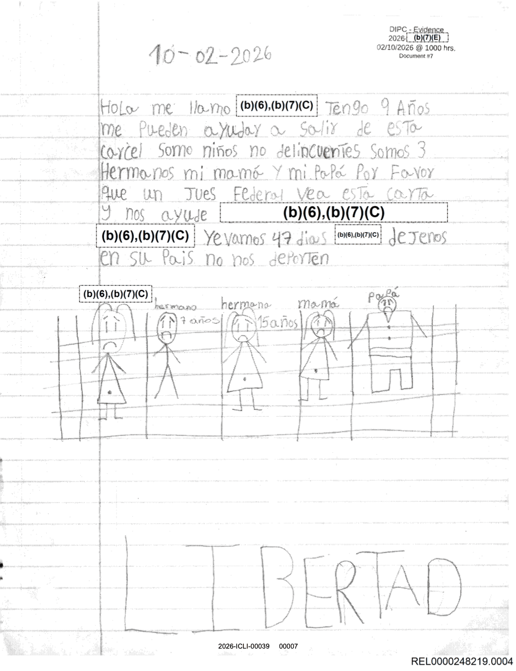 En uno de los dibujos, una niña de aproximadamente 9 años escribió: “Me pueden ayudar a salir de esta cárcel… somos niños, no delincuentes… somos tres hermanos, mi mamá y mi papá… déjenos en su país… no nos deporten”.