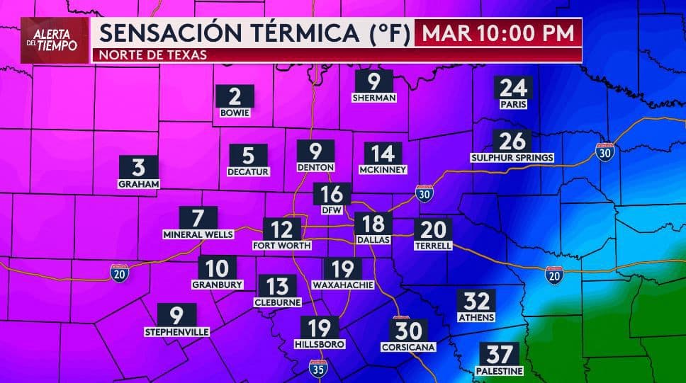 <b>Los primeros efectos del paso de este frente ártico se sentirán desde la noche del martes</b> en el norte de Texas, con temperaturas heladas. 
<b>Así podría percibirse debido a la sensación térmica</b>. Presta atención 
<b>si vives al norte o al oeste de nuestra región, ya que serán esas las áreas más afectadas.</b>