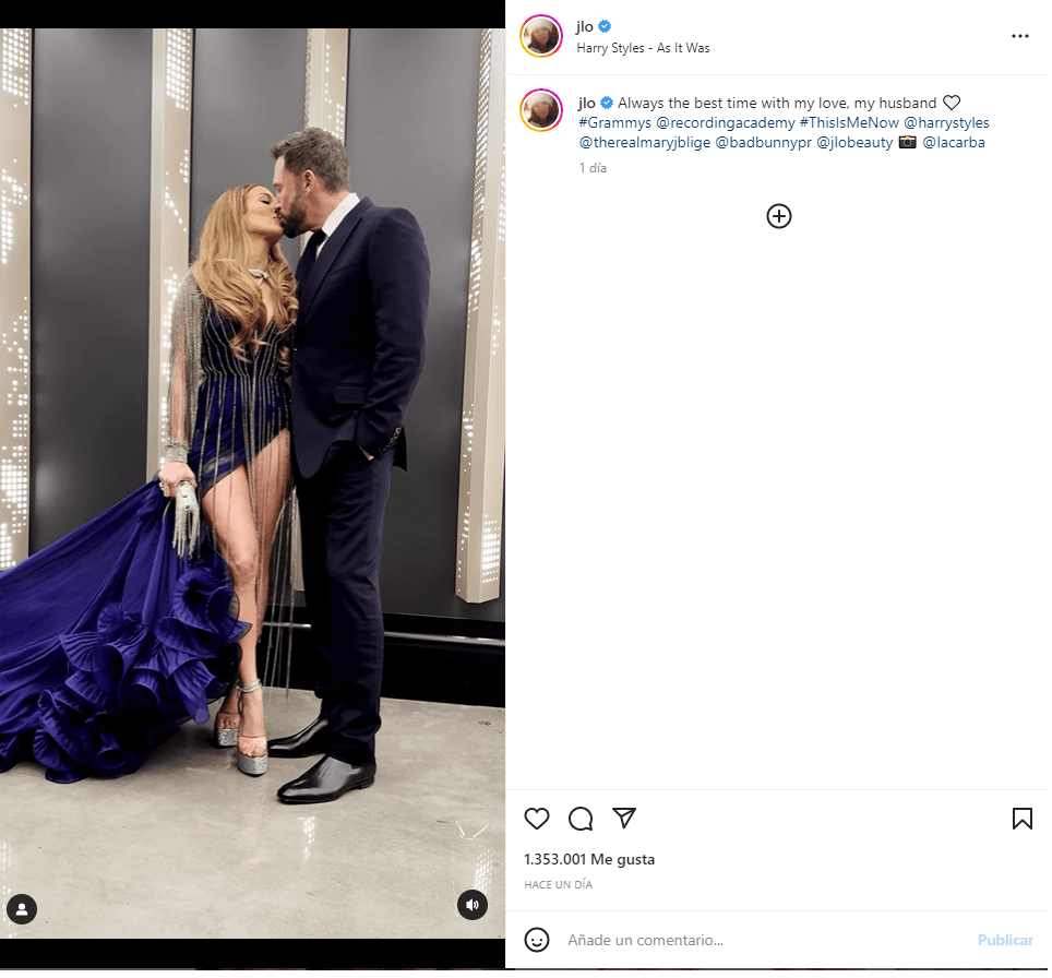 "Siempre el mejor momento con mi amor, mi esposo", escribió JLo al pie de un video en el que aparece besando a Ben Affleck.