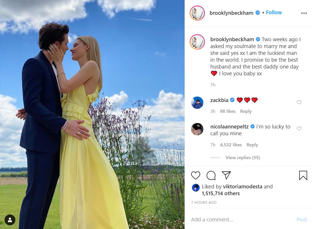 Con esta fotografía la pareja lo anunció en sus respectivas cuentas de Instagram: "Hace dos semanas pedí matrimonio a mi alma gemela y me dijo que sí. Soy el hombre más afortunado del mundo. 
<b>Prometo ser el mejor marido y padre algún día</b>. Te quiero amor", escribió el primogénito de Victoria y David Beckham.
<br>