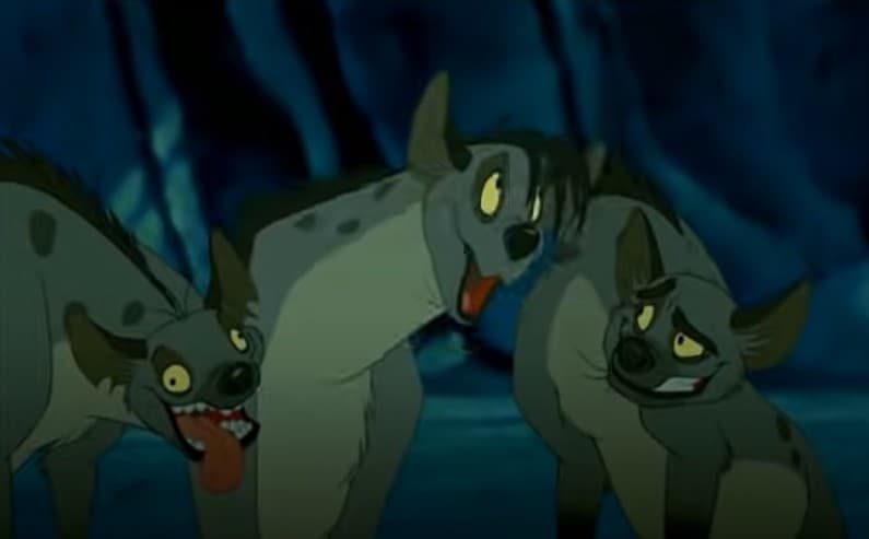 <b>Las hienas de 'El rey león'</b>
<br>Las fieles seguidoras de Scar no son tan malas como nos lo hace creer la película. En realidad solo siguen su instinto animal básico, pues recordemos que estaban desterradas en un cementerio donde constantemente pasaban hambre. Cuando ayudan a Scar lo hacen porque él les promete comida, es probable que cualquiera en su situación hubiera hecho lo mismo.