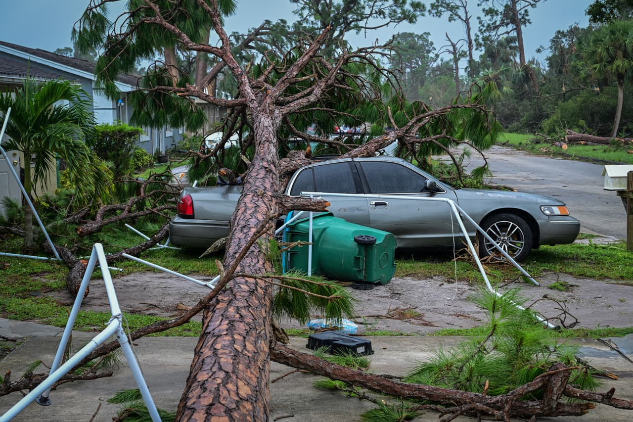 Por los fuertes vientos del huracán Milton, un árbol cayó sobre un auto en Lakewood Park, Florida.