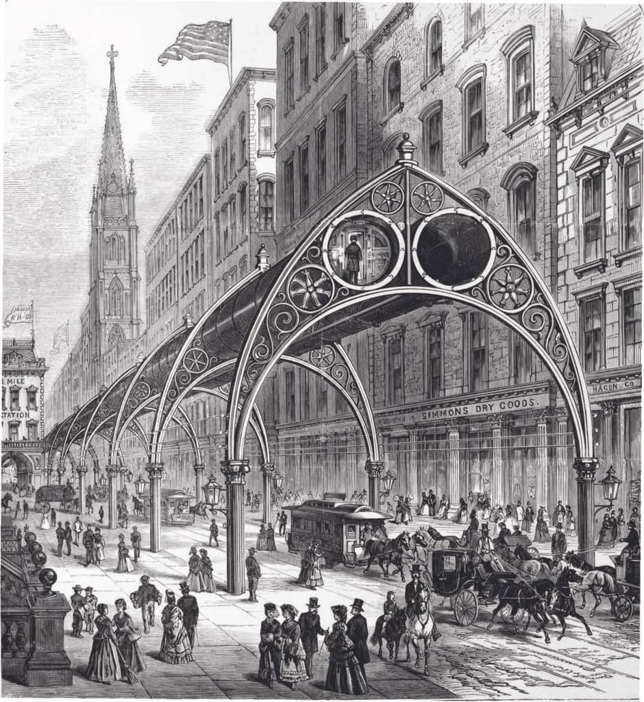 El sistema de ferrocarril elevado de 1870 del inventor Rufus Henry Gilbert se anticipó a varios sistemas de tránsito rápido de la época moderna. "Los pasajeros podrían trasladarse por la ciudad impulsados por aire comprimido, moviéndose a través de una doble hilera de lo que Gilbert llamó 'tubos atmosféricos'".