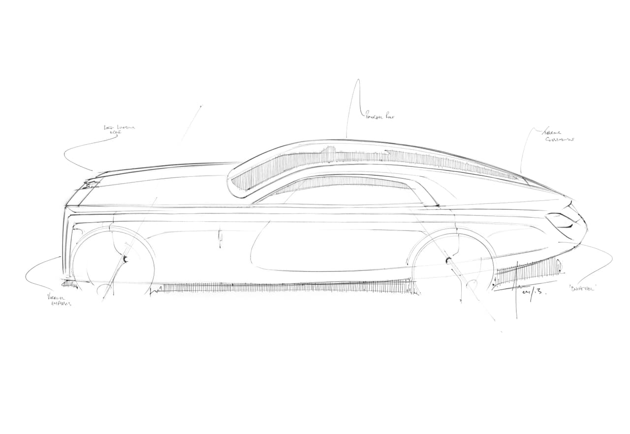 Este boceto del perfil del Rolls Royce Sweptail muestra claramente la influencia del diseño de yates en el diseño final de esta vehículo.