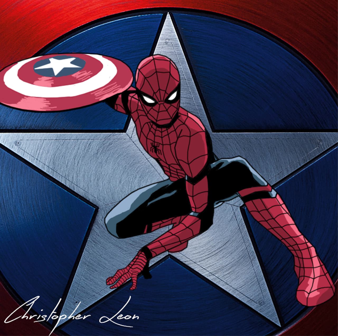 Spider-Man con el escudo de Capitán América, dibujo de Christopher León