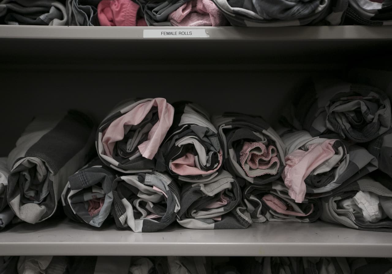 Women's' clothes sit ready to be given to prisoners at the 4th Avenue Jail in Phoenix, Ariz. on Feb. 22nd, 2017.