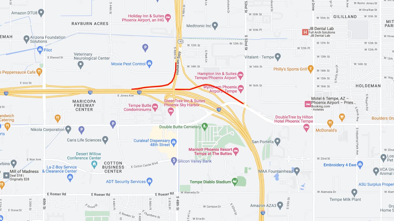 <b>Ruta estatal 143</b>
<br>La rampa de la ruta estatal 143 en dirección sur hacia la I-10 en dirección oeste estará cerrada desde las 10 p.m. del viernes, hasta las 4 a.m. del lunes.
<br>
<br>La rampa de entrada de la I-10 en dirección oeste en Broadway Road también estará cerrada a la circulación. 
<br>
<br>
<b>Rutas alterna</b>
<br>Considere usar University Drive en dirección oeste hasta 40th Street en dirección sur para acceder a la I-10 en dirección oeste.