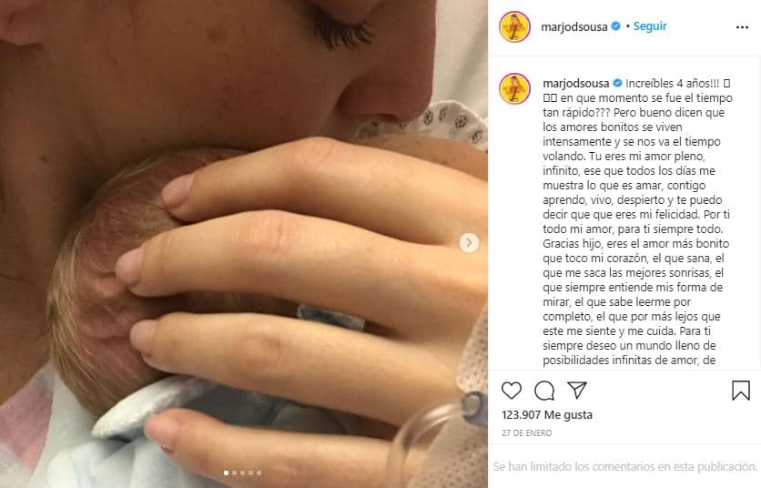"Increíbles 4 años. ¿En qué momento se fue el tiempo tan rápido? Pero bueno dicen que los amores bonitos se viven intensamente y se nos va el tiempo volando. Tú eres mi amor pleno, infinito, ese que todos los días me muestra lo que es amar, contigo aprendo, vivo, despierto y te puedo decir que eres mi felicidad", escribió ella en Instagram.