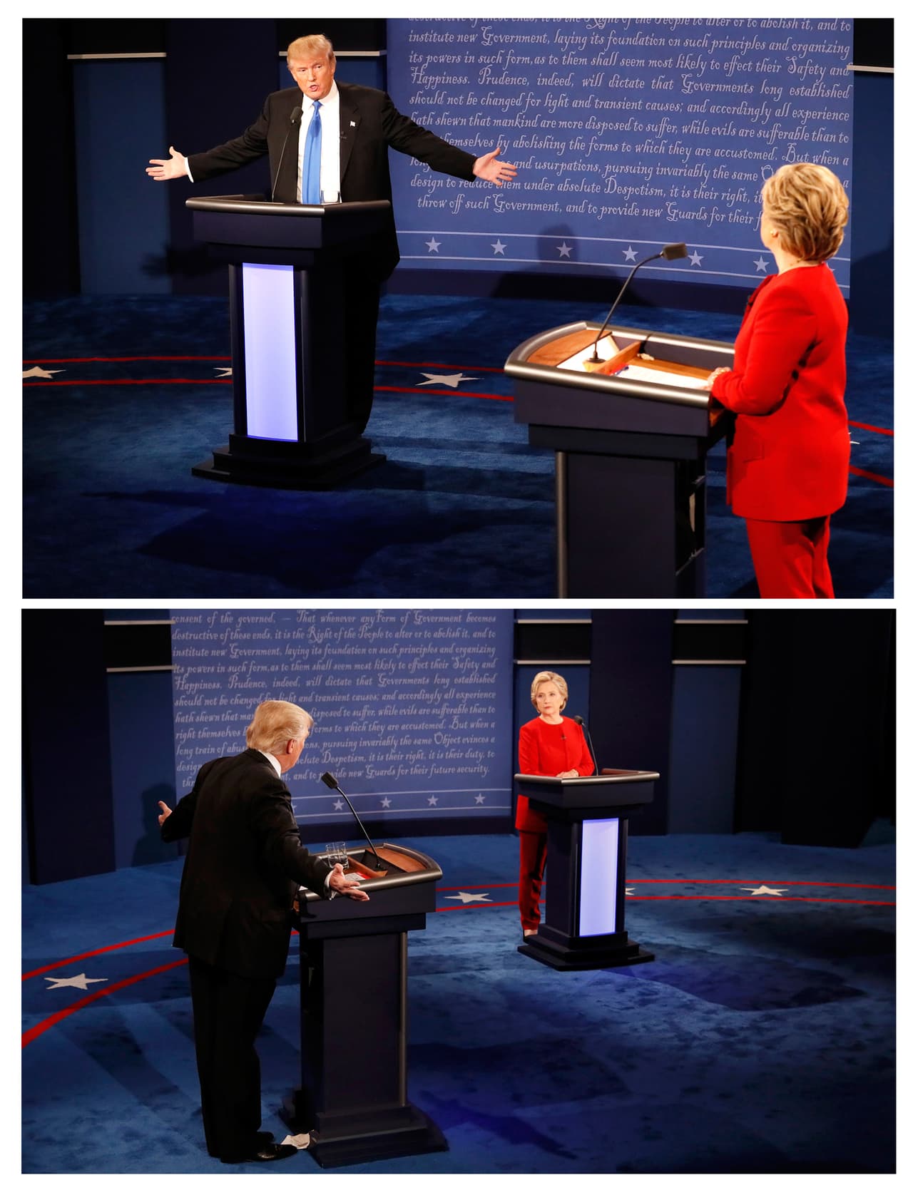 Muchos de los gestos del candidato republicano fueron amplios, alejando los brazos de su cuerpo, mientras la demócrata se mantuvo casi siempre en una misma posición. Las dos fotografías del mismo instante, desde los dos lados del escenario.