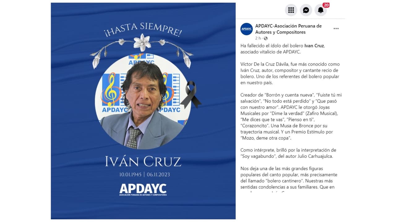 La Asociación Peruana de Autores y Compositores lamentó la muerte de Iván Cruz.